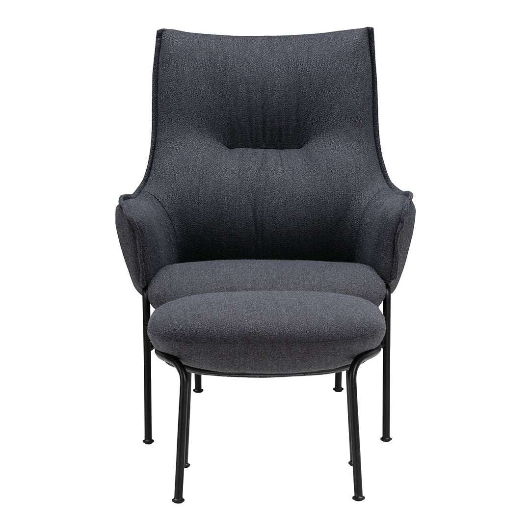 Elegant gray upholstered armchair with a smooth, textured pattern and black metal legs, perfect for modern decor.