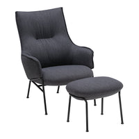 Elegant gray upholstered armchair with matching ottoman, featuring a sleek, modern design and gentle fabric texture.