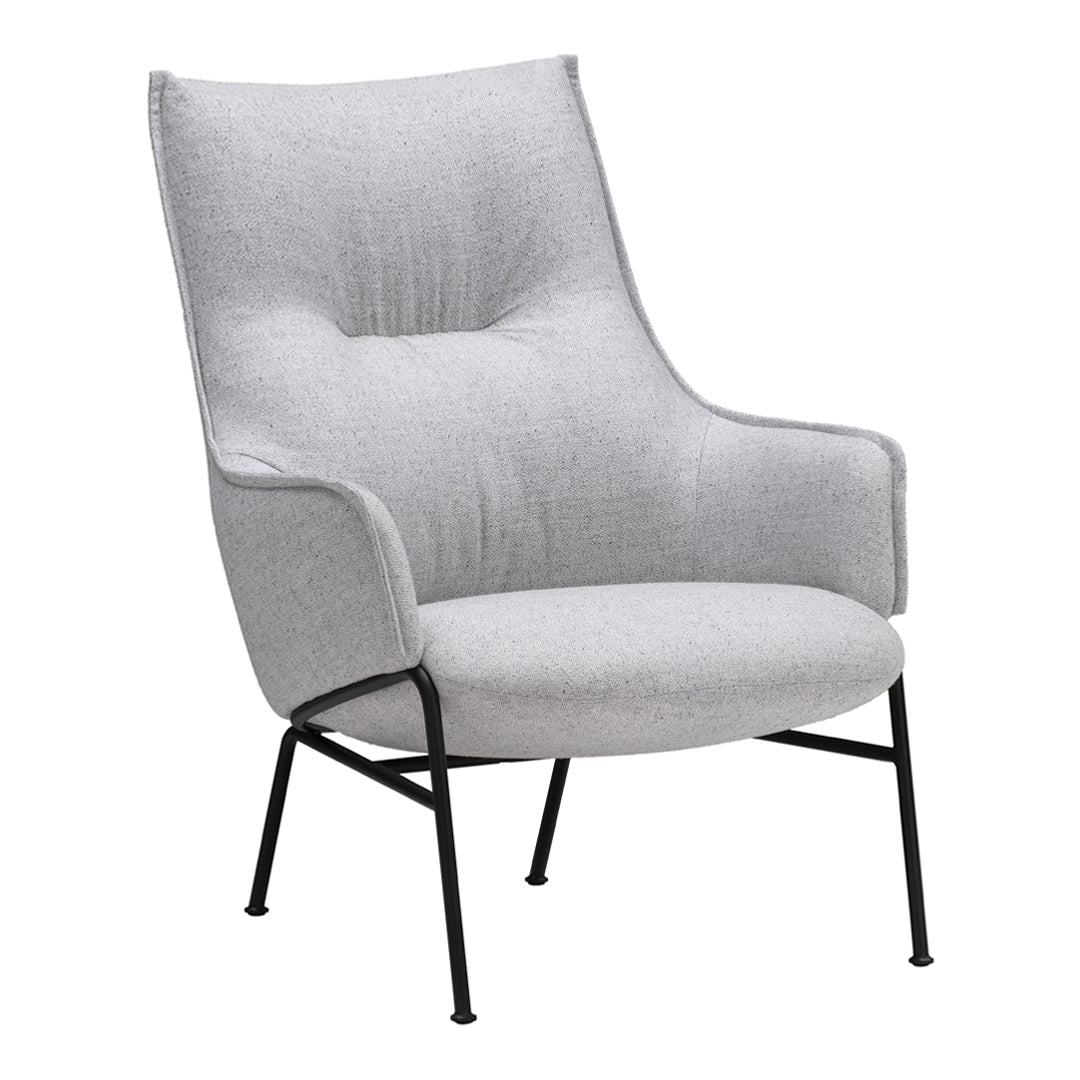 Light gray upholstered armchair with a sleek design and subtle textured pattern, set on a black metal frame.