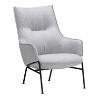 Light gray upholstered armchair with a sleek design and subtle textured pattern, set on a black metal frame.