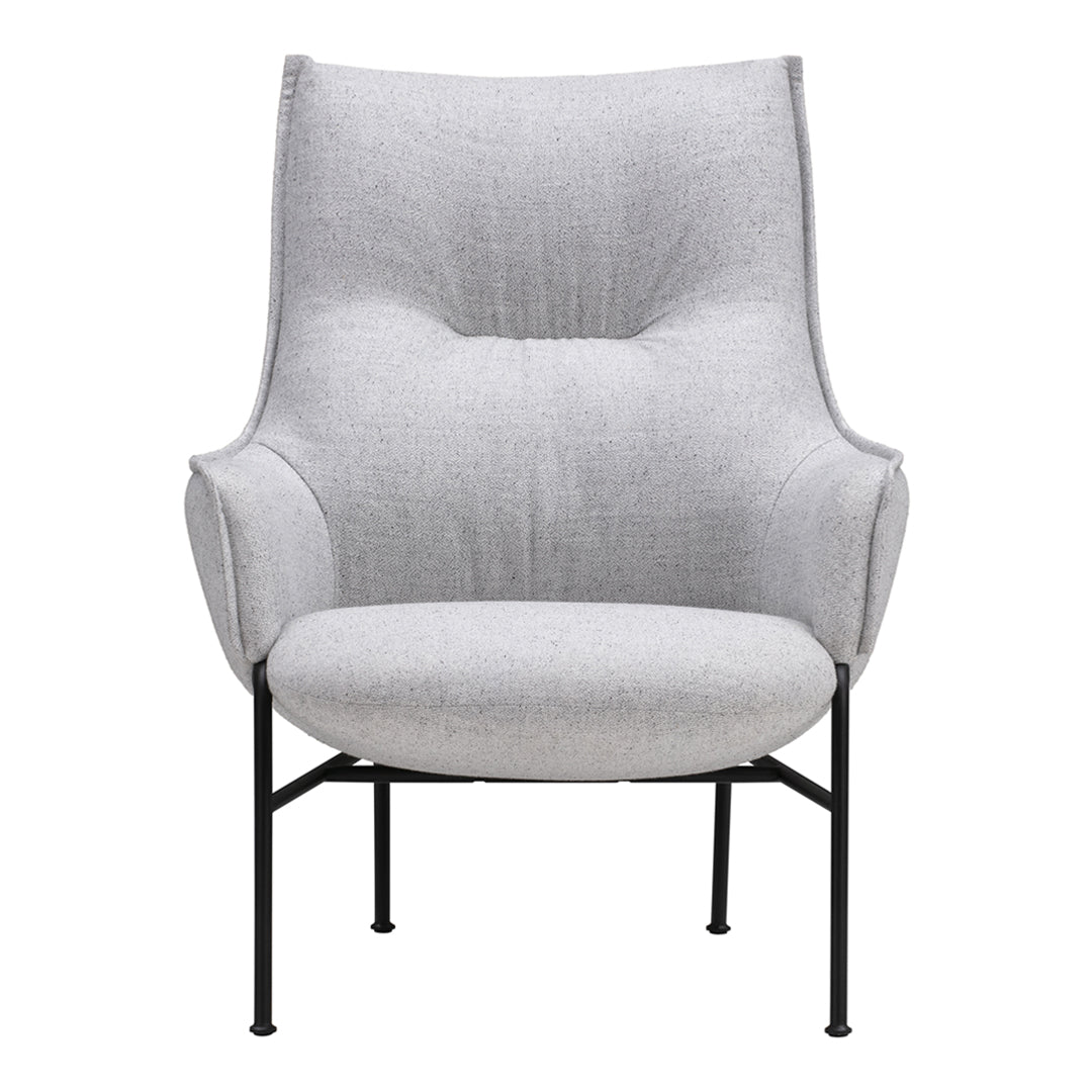 Light gray upholstered chair with a smooth finish and subtle texture, supported by a sleek black metal frame.