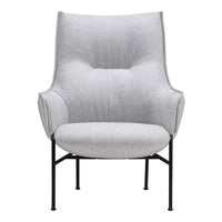 Light gray upholstered chair with a smooth finish and subtle texture, supported by a sleek black metal frame.