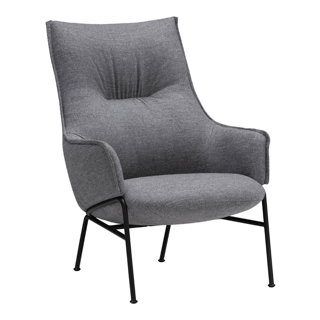 Gray upholstered chair with a modern design and soft fabric, featuring a sleek black metal frame.