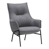 Gray upholstered chair with a modern design and soft fabric, featuring a sleek black metal frame.