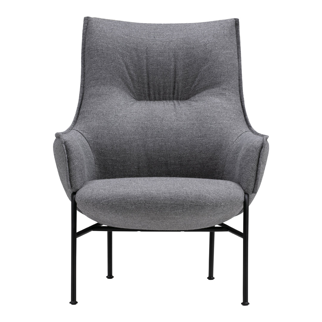 Gray upholstered armchair with a smooth, modern pattern and black metal legs, perfect for contemporary decor.