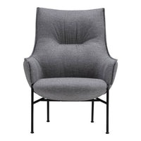 Gray upholstered armchair with a smooth, modern pattern and black metal legs, perfect for contemporary decor.