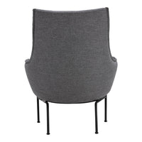 Gray upholstered chair with a smooth, textured finish and minimalist black metal legs.