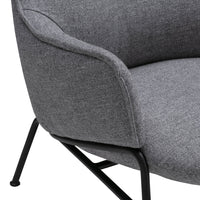 Gray upholstered chair with a subtle texture, featuring sleek black metal legs. Ideal for modern interiors.