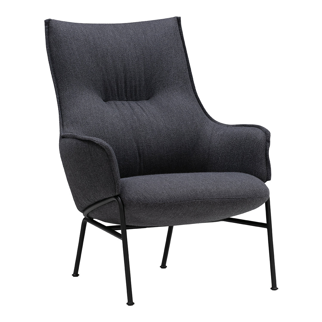 Stylish dark gray accent chair with a textured fabric and streamlined black metal legs. Perfect for modern decor.
