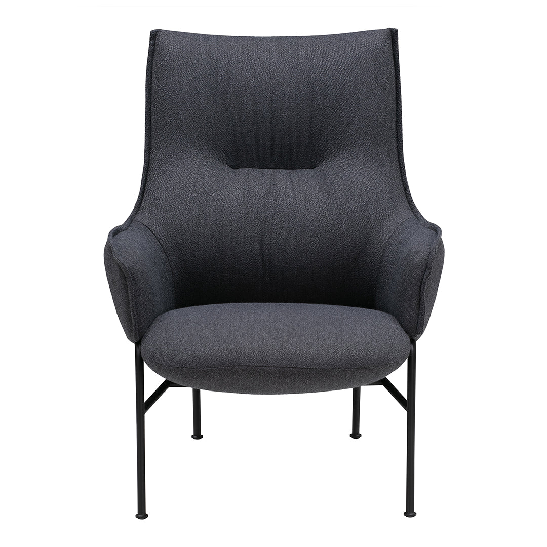 Chic dark gray upholstered armchair with a smooth fabric finish and sleek black metal legs. Ideal for modern interiors.