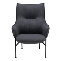 Chic dark gray upholstered armchair with a smooth fabric finish and sleek black metal legs. Ideal for modern interiors.