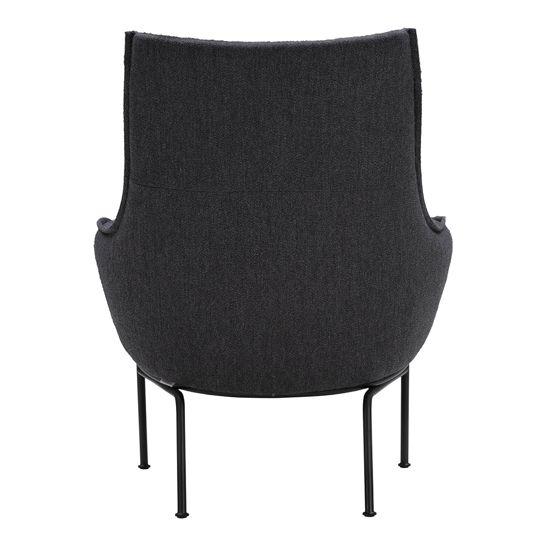Gray upholstered chair with a textured finish and sleek black metal legs, showcasing a modern, minimalist design.
