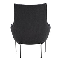 Gray upholstered chair with a textured finish and sleek black metal legs, showcasing a modern, minimalist design.