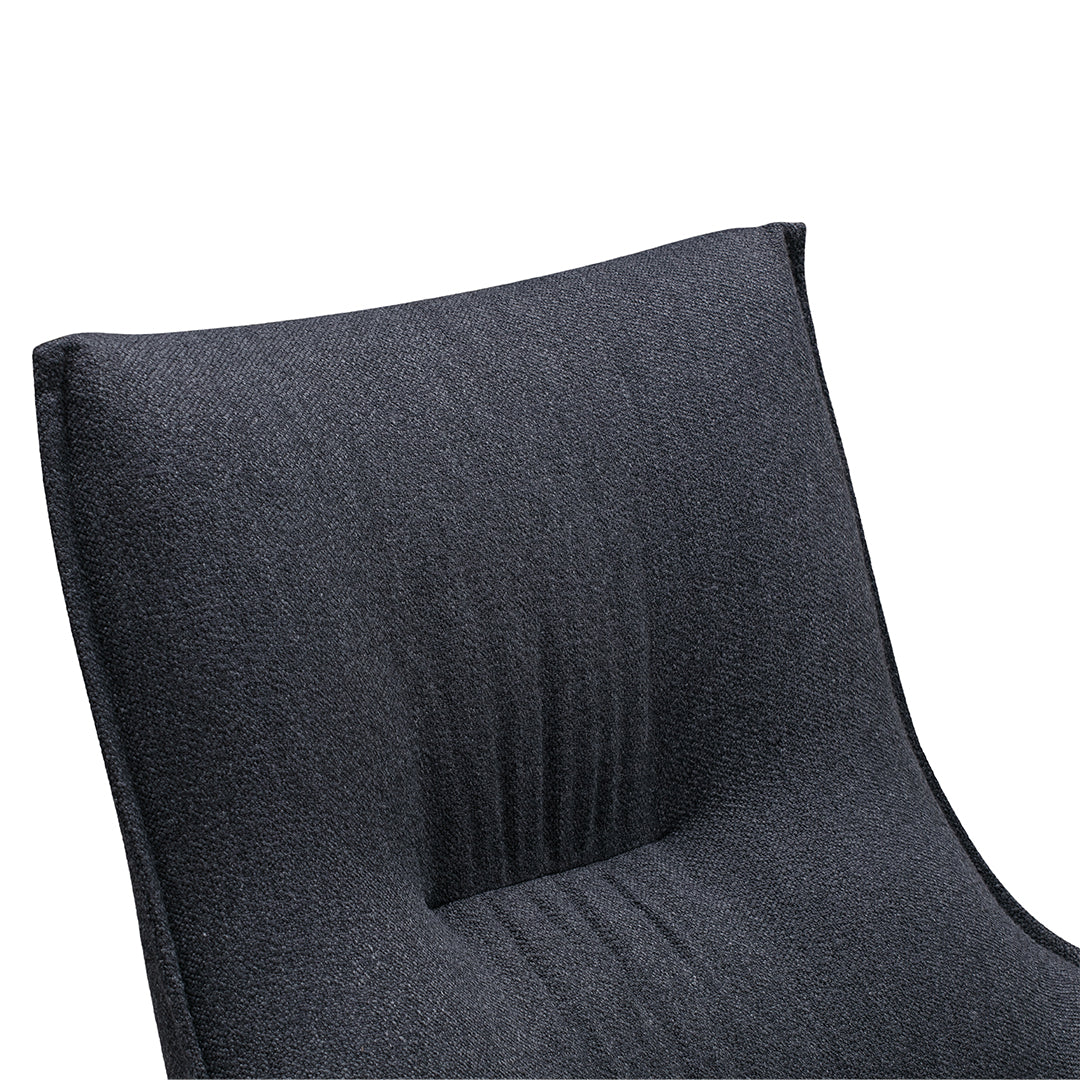 Dark gray upholstered chair with a smooth, textured fabric and subtle vertical lines.