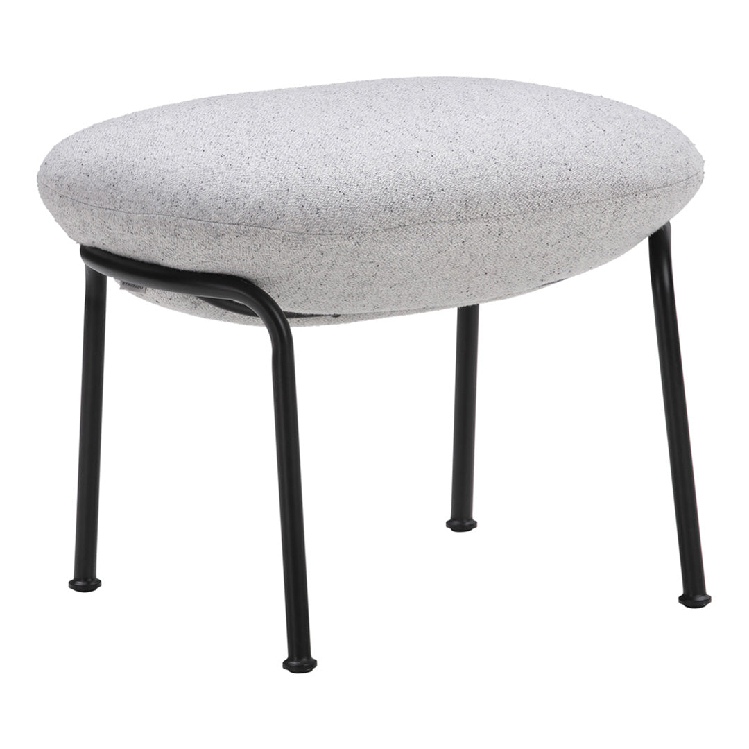 Gray upholstered ottoman with a smooth oval shape and sleek black metal legs. Modern and minimalistic design.