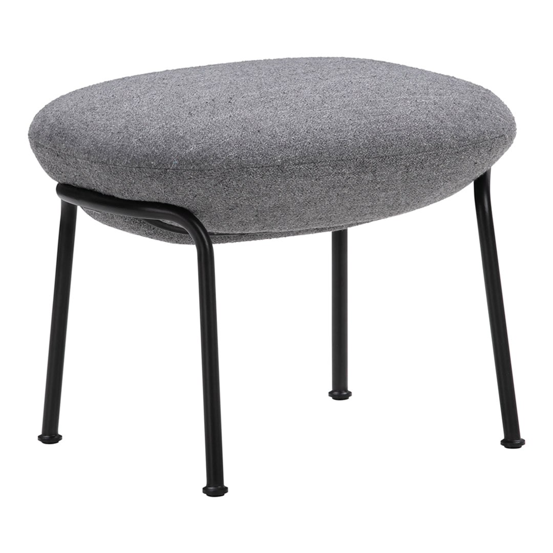 Gray fabric ottoman with a smooth oval shape and sleek black metal legs. Minimalist design for modern decor.