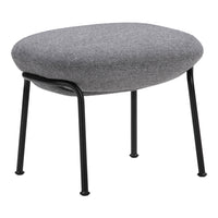 Gray fabric ottoman with a smooth oval shape and sleek black metal legs. Minimalist design for modern decor.