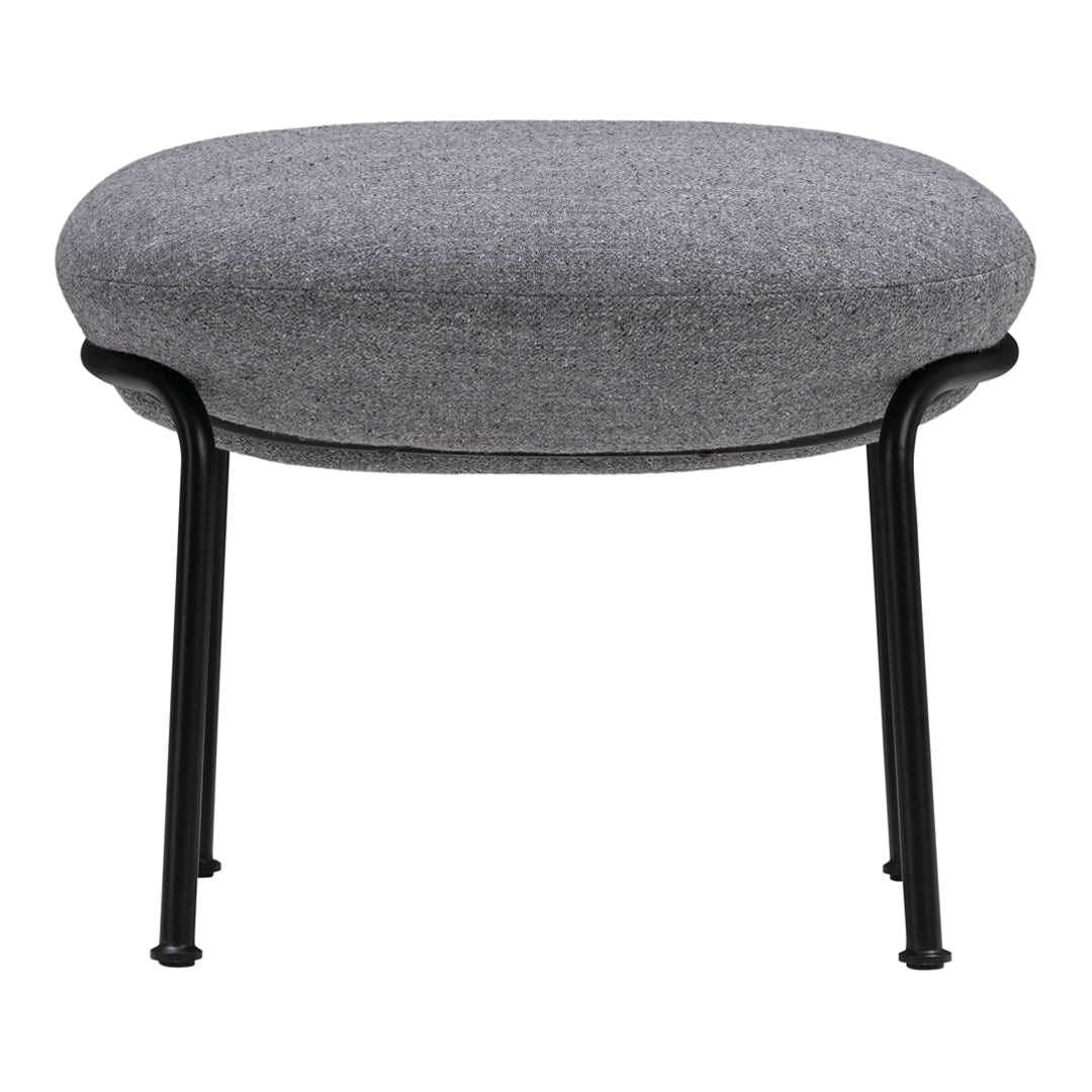 Gray upholstered ottoman with textured fabric and sleek black metal legs. Modern, minimalist design for stylish interiors.