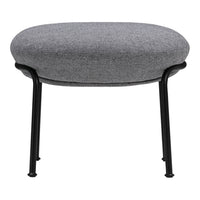 Gray upholstered ottoman with textured fabric and sleek black metal legs. Modern, minimalist design for stylish interiors.