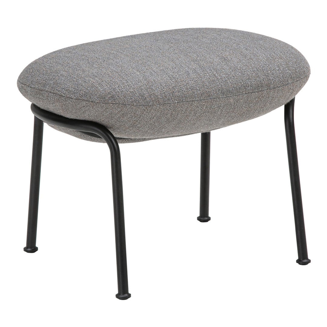Gray upholstered ottoman with a smooth, oval shape and sleek black metal legs.