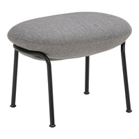 Gray upholstered ottoman with a smooth, oval shape and sleek black metal legs.