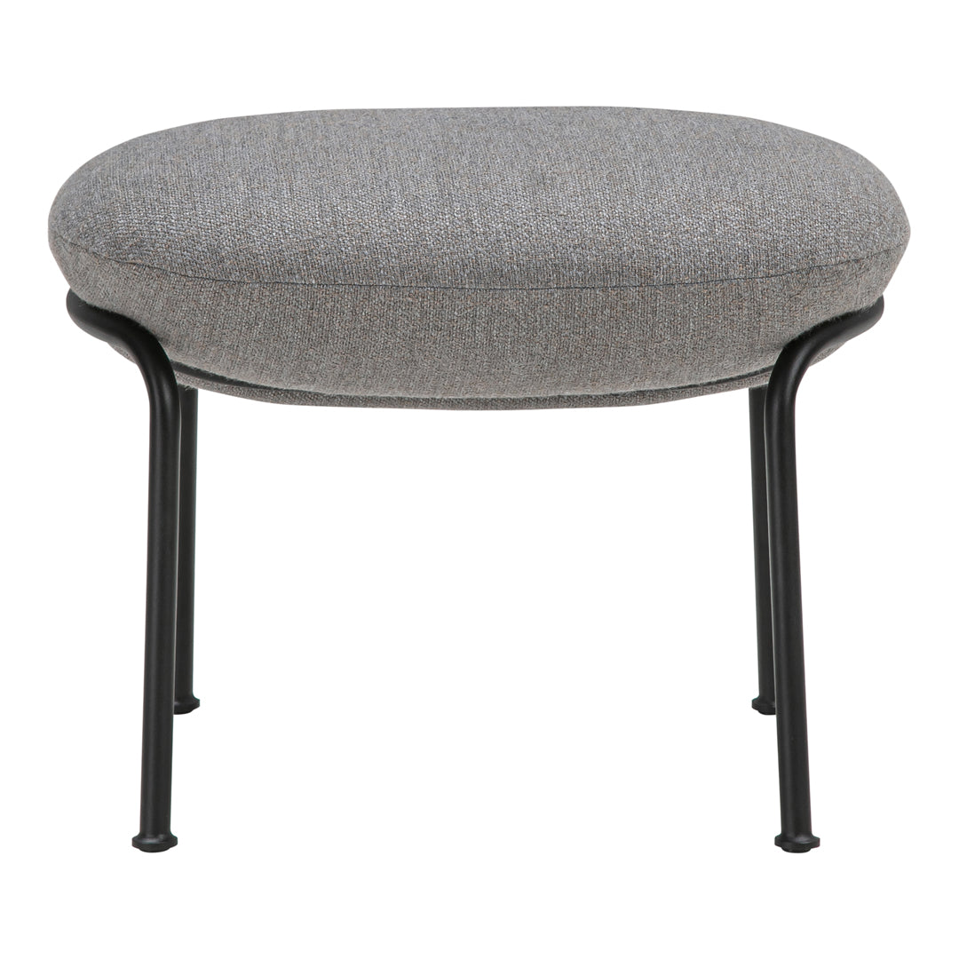 Gray upholstered ottoman with a textured pattern and black metal legs, offering a modern and stylish addition to any space.
