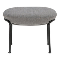 Gray upholstered ottoman with a textured pattern and black metal legs, offering a modern and stylish addition to any space.