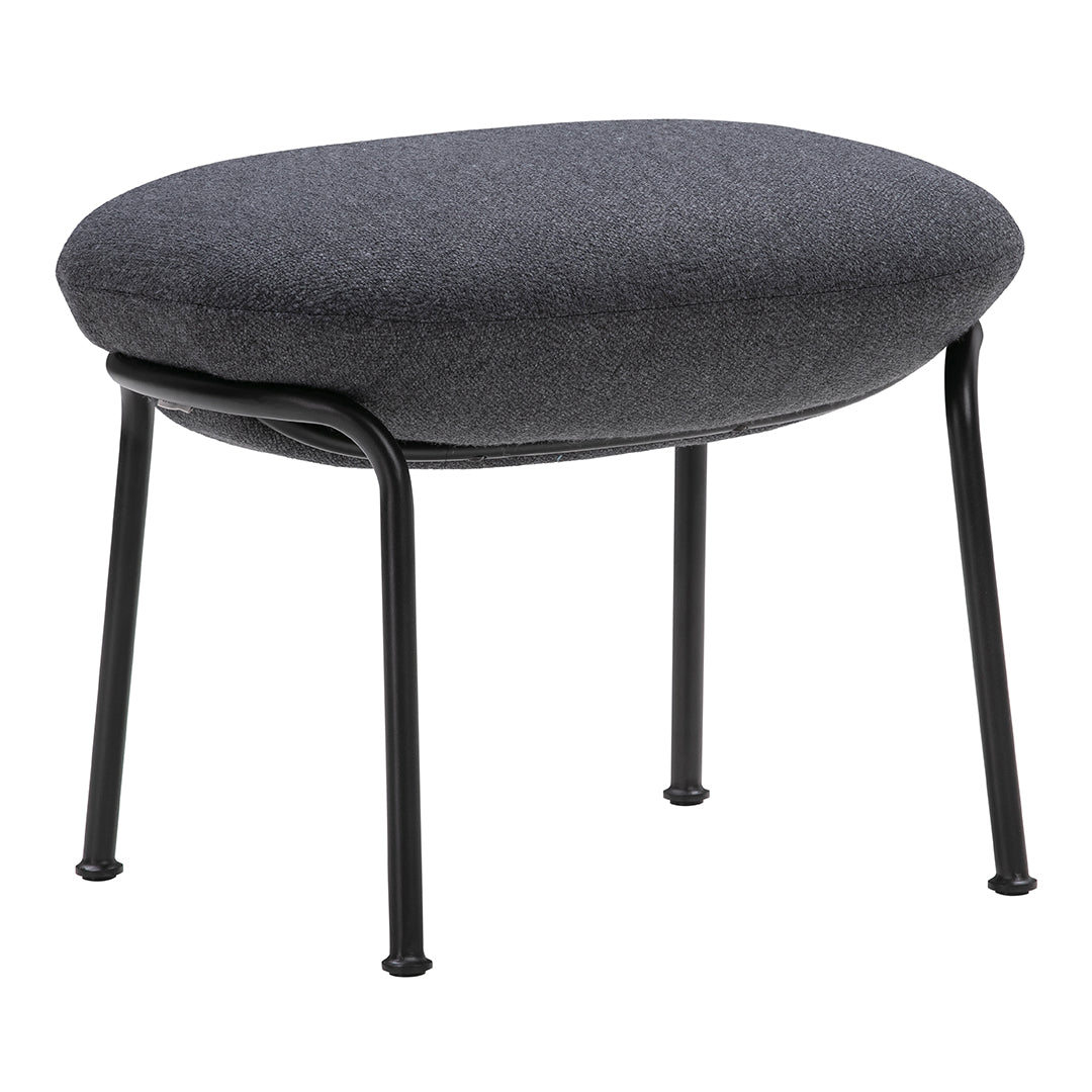 Round black stool with a dark gray fabric cushion and sleek black metal legs, featuring a minimalist design.