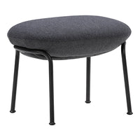 Round black stool with a dark gray fabric cushion and sleek black metal legs, featuring a minimalist design.