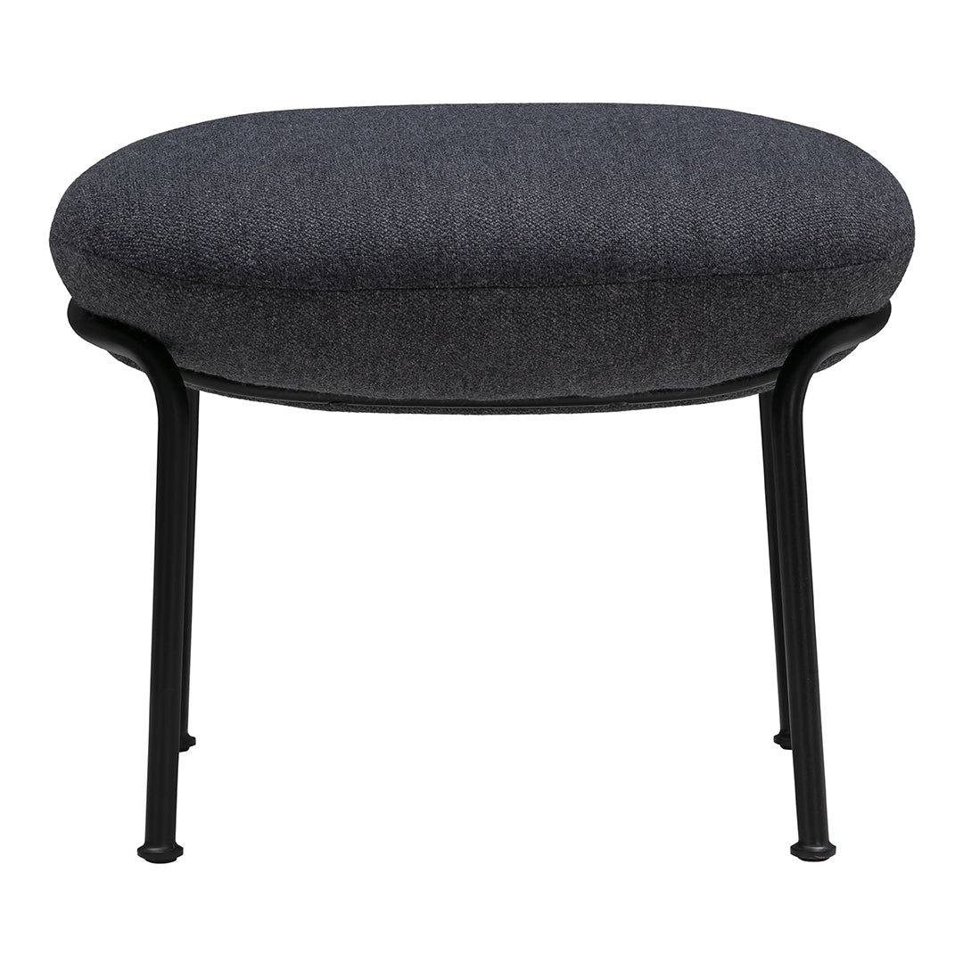 Dark gray padded ottoman with black metal legs, featuring a sleek, modern design and smooth fabric texture.