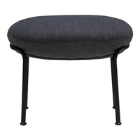 Dark gray padded ottoman with black metal legs, featuring a sleek, modern design and smooth fabric texture.