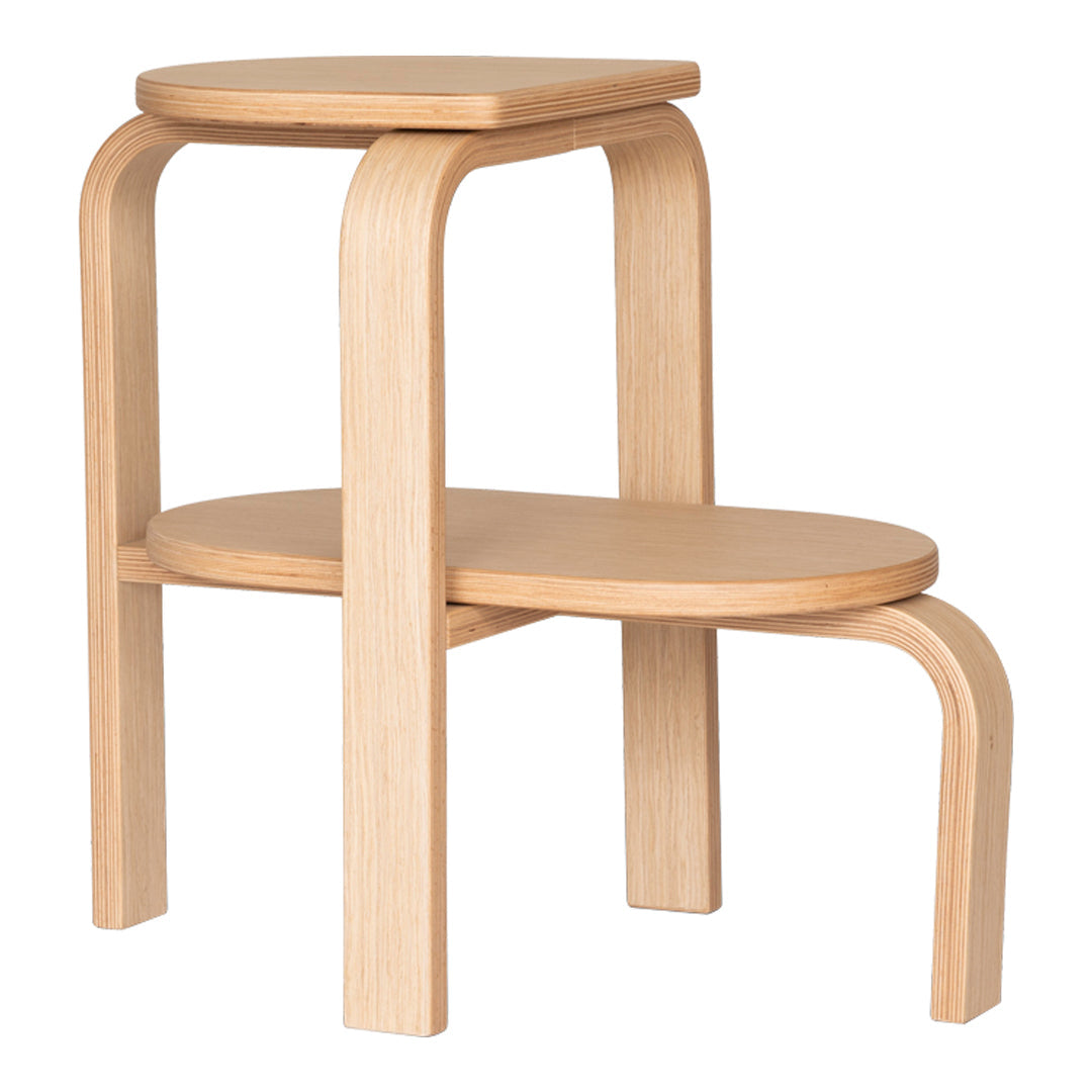 Natural wood stool with smooth curves and a minimalist design; features light beige tones and simple geometric shapes.