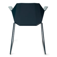 Geometric black chair with sleek, angular design and contrasting light gray armrests. Modern contemporary aesthetic.