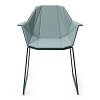 Light blue geometric-patterned chair with sleek metal legs, perfect for modern decor.