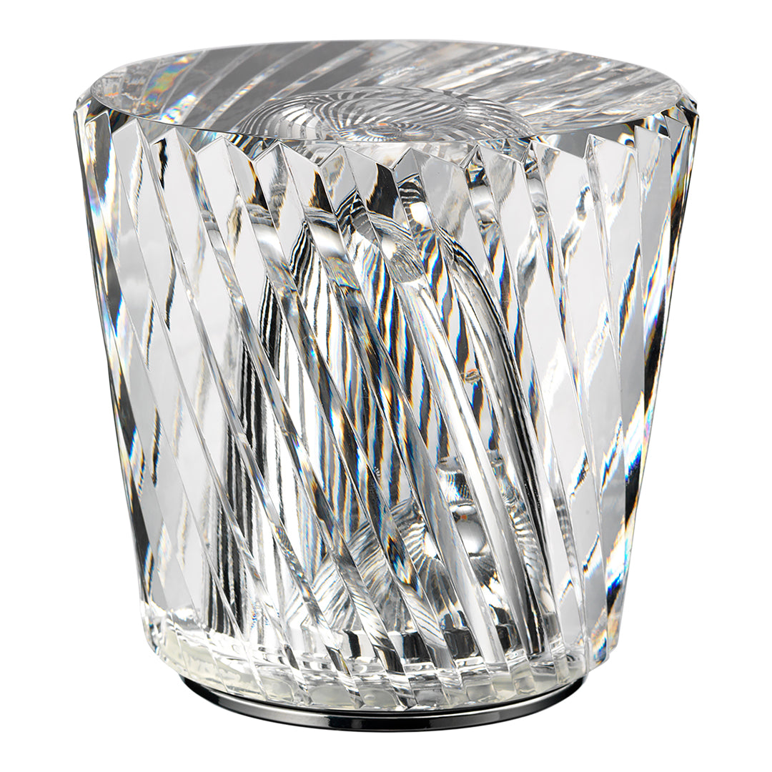 Clear crystal vase with a geometric, diamond-cut pattern reflecting light in shimmering rainbow hues.