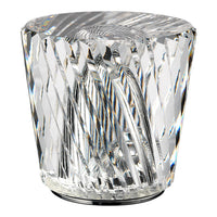 Clear crystal vase with a geometric, diamond-cut pattern reflecting light in shimmering rainbow hues.
