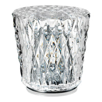 Clear crystal glass with diamond-cut pattern, featuring reflective facets and a sleek, polished base.