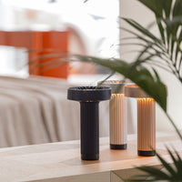Black, beige, and metallic lamps with ribbed patterns, set against a light wooden surface and greenery.