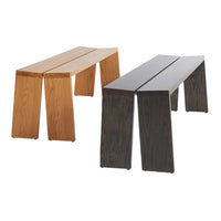 "Natural wood benches in light oak and dark stained finishes, featuring a sleek, geometric design."