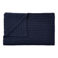 Dark navy blue knitted blanket with a textured ribbed pattern, folded for display. Perfect for cozy decor.