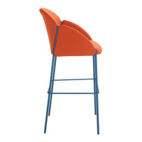 Orange upholstered chair with a sleek blue metal frame, showcasing a modern design and bold color contrast.