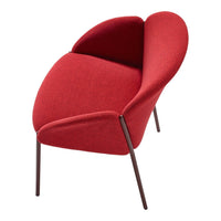 Red upholstered chair with a smooth, modern design and sleek brown legs, perfect for contemporary decor.