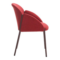 Side view of a red upholstered chair with a sleek dark brown frame, highlighting its smooth curves and vibrant color.