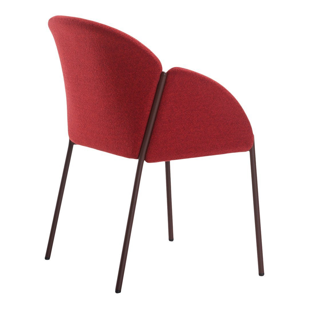 Red upholstered chair with a smooth, curved design and dark brown legs. Ideal for modern interiors.