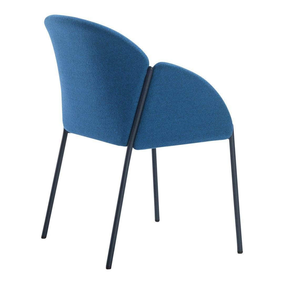 "Stylish blue fabric chair with smooth curves and sleek black metal legs."
