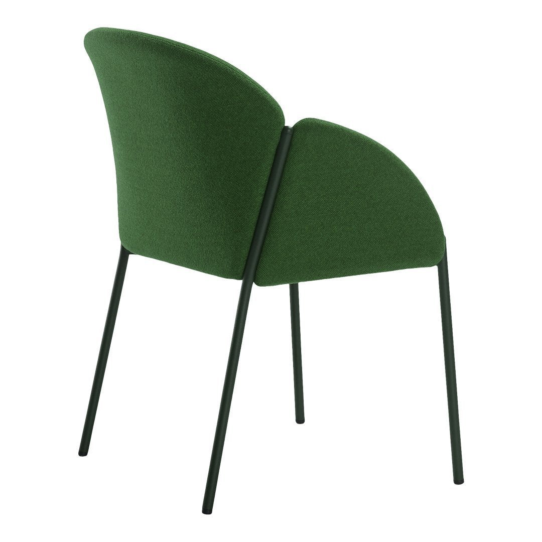 Green upholstered chair with a sleek, curved back and black metal legs. Modern design with a minimalist aesthetic.