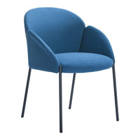 Blue upholstered chair with a sleek design and black metal legs. Ideal for modern decor.