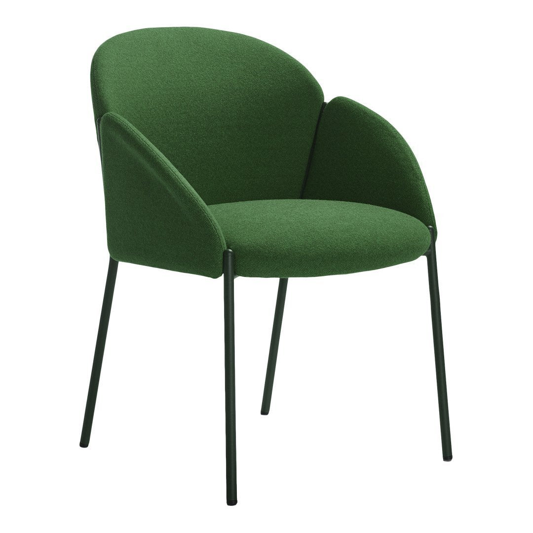 Green upholstered chair with a smooth, curved design and sleek black metal legs. Ideal for modern decor.