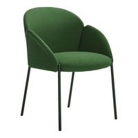 Green upholstered chair with a smooth, curved design and sleek black metal legs. Ideal for modern decor.
