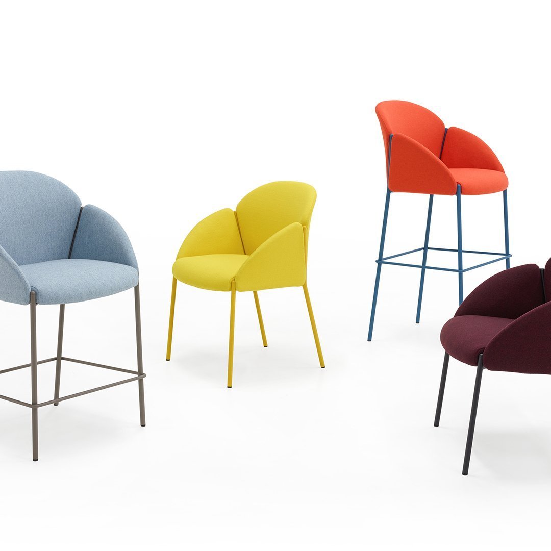 Colorful modern chairs in blue, yellow, orange, and burgundy with sleek metal legs and curved upholstery.